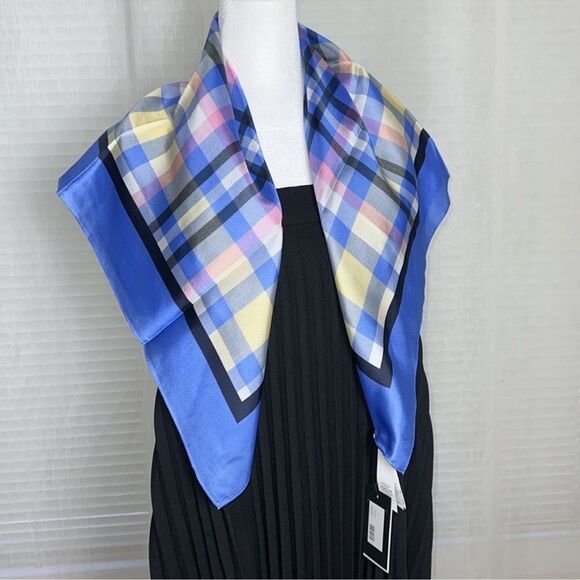 kate spade Blue Pastel Yellow Pink Garden Plaid Square Scarf - Picture 4 of 7